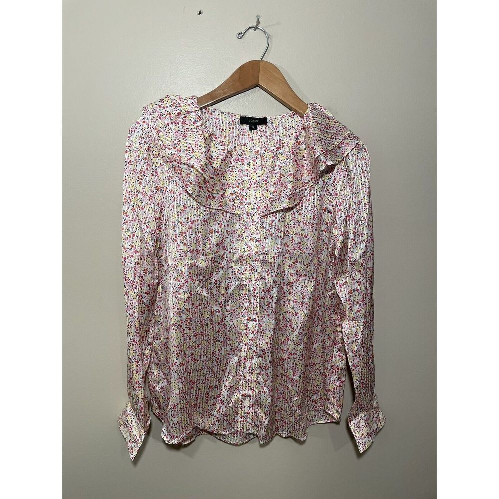 J.CREW Ruffle Blouse Top Small Field Day Shirt Dainty Floral Pink Gold AW869 NWT - Picture 2 of 10